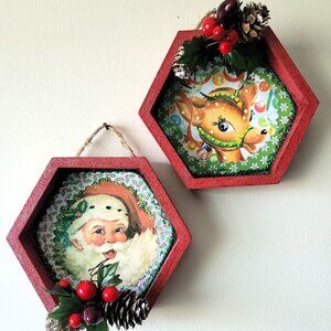 Christmas Decor - Santa & Reindeer - Set of 2 - Wall or Shelf Accents. Set of 2